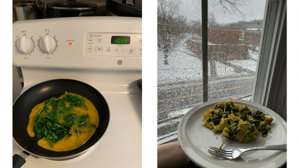 Left: scrambled eggs and spinach in a pan; Right: a plate of scrambled eggs and spinach on a windowsill