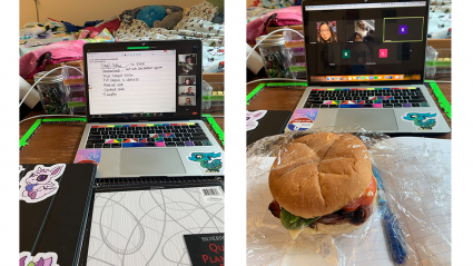 Left: A laptop on a desk with a zoom class on the screen; Right: An unwrapped sandwich lying on a notebook in front of an open laptop with a zoom meeting on the screen
