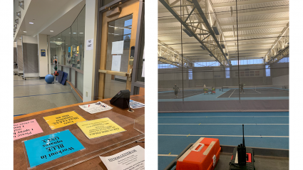 Left: The top of the reception desk at Kendall fitness center; Right: students on indoor tennis courts