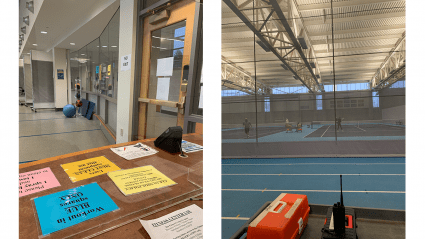 Left: The top of the reception desk at Kendall fitness center; Right: students on indoor tennis courts