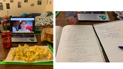 Left: A laptop streaming a show; a can of sode and pile of popcorn nearby; Right: An open notebook nearby that contains math problems