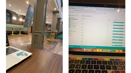 Left: a laptop sits on a table in the first floor of Blanchard Hall; Right: a laptop open with grading software ont the screen