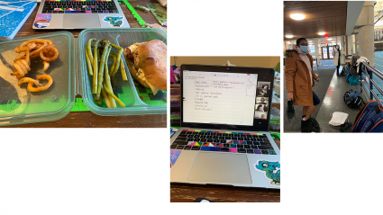Left: a meal in a reusable container; Middle: a laptop with a class meeting on the screen; Right: a student changing her shoes in the fitness center