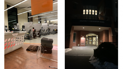Left: Looking in the mirror at a row of exercise equipment; Right: the front door of a residence hall at night