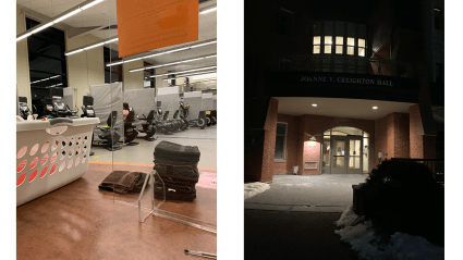 Left: Looking in the mirror at a row of exercise equipment; Right: the front door of a residence hall at night