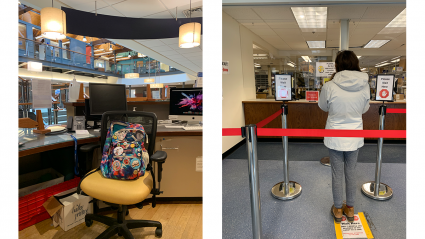 Left: A chair behind the information desk that has a packback on it. Right: A student standing at the counter at Auxiliary Services