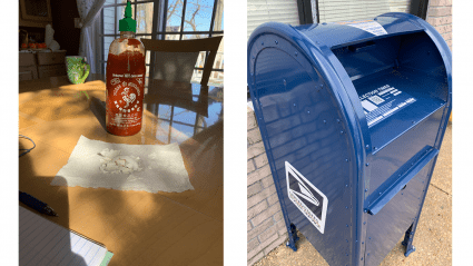 Left: breakfast on a table; Right: a mailbox