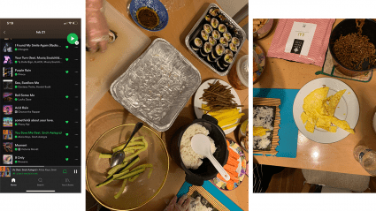 Left: a screemshot of a playlist on a phone; Center and right: making kimbap