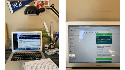 Left: a student workspace with laptop, light, notebooks, etc.; Right: a laptop with a workshop on the screen