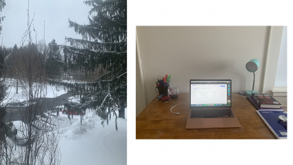 Left: the view of the parking lot and lawn outside the Mandelles; Right: a laptop, books and a lamp on a desk