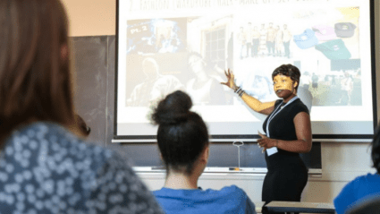 A student presenting during LEAP 2017