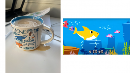Left: a cup of coff with a spill surrounding the base; Rght: a screenshot of Korean baby shark