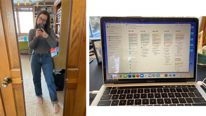 Left: a student stands in front of a mirror; Right: a laptop screen with a schedule displayed