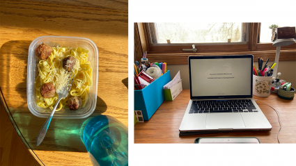 Left: a container of pasta and meatballs; Righ: a laptop with a Zoom waiting room displayed