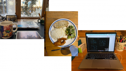 Left: a students workspace; Center: dinner on a plate; Right: a laptop with an electromagnetism class project displayed