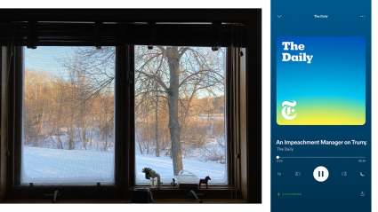 Left: the view of a backyard covered in snow; Right: a screenshot of a phone playing a podcast