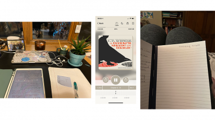 Left: a desk covered with a laptop, ipad and notebook; Center: a screenshot of the cover of an audiobook; Right: an open journal page resting on a students knee