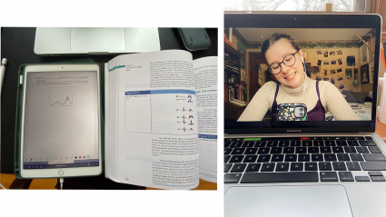 Left: an ipad next to an open textbook; Rifht: Lucy Anderson on a Zoom call