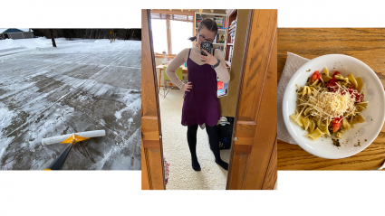 Left: a driveway being shoveled; Center: a student standing in front of a mirror; Right: a bowl of lunch