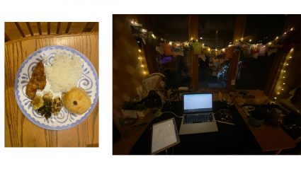 Left: dinner plate; Right: A laptop in a darkened room with twinkly lights