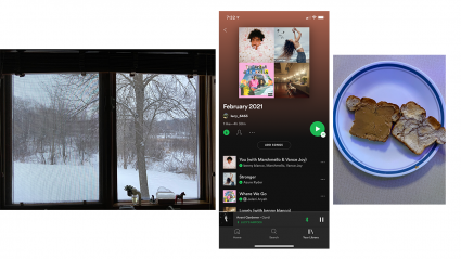 Left: the view out of a bedroom window; Center: a screenshot of a playlist on a phone; Right: breakfast toast