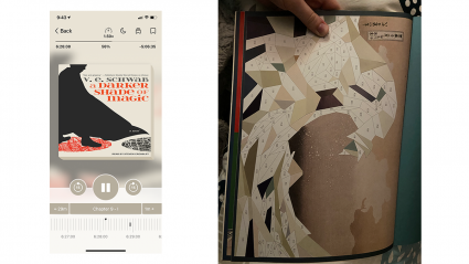 Left: a screenshot of a phone playing an audiobook; Right: a paint by sticker project