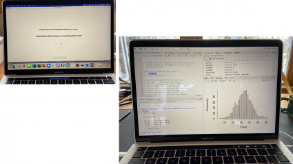 Left: a laptop with a Zoom waiting room displayed; Right: A laptop with a science class project displayed