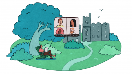 Illustration of a student under a tree looking at a video conference with the library in the background. Illustration by Marina Li.