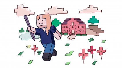 Illustration by Marina Li. A recreation of Minecraft and the Pratt Music Hall.