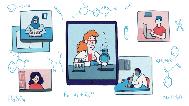 This is a graphic, depicting students in various dress using studying tools. Each of the four are arranged around a central picture of a teacher in safety glasses holding a bubbling flask.