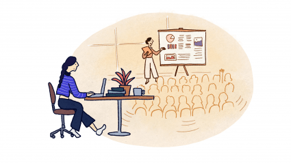 A student sitting at a desk with a presentation happening in the background. Illustration by Marina Li