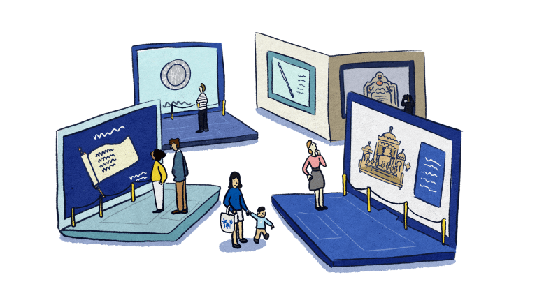 Illustration by Marina Li. People viewing art in an art gallery on laptops.