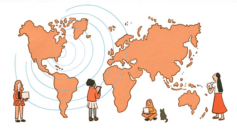 Illustration of the world, with people in various dress studying. Illustration by Marina Li.