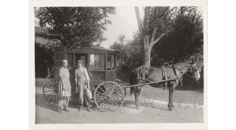 Mount Holyoke students delivering milk, circa 1917.