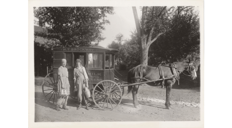 Mount Holyoke students delivering milk, circa 1917.