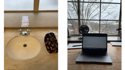 Left: a residence hall sink labeled with student names; Right: a laptop by a window