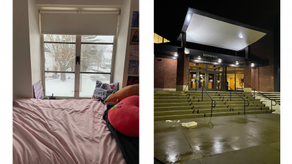 Left: the view across a students room and out the window; Right: the front of Kendall fitness center
