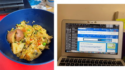 Left: lunch in a bowl; Right: a laptop with an internship project on the screen