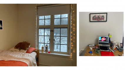 Left: a students bed next to a window; Right: a laptop on a student desk