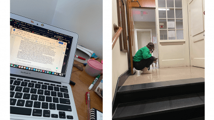 Left: a laptop with a document displayed; Right: a student and a dog at the top of a set of stairs