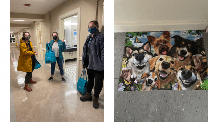 Left: a group of students holding reusable bags for carrying food from the dining commons; Rirght: a completed puzzle of happy dog faces
