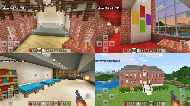 Four pictures of Pratt Music Hall constructed in Minecraft.
