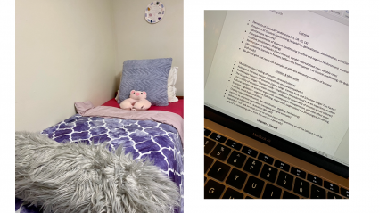 Left: a students bed; Right: a laptop with a study guide displayed
