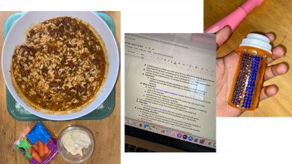 Left: rice and beans in a bowl; Center: a laptop with notes displayed; Right: a bedazzled pill bottle
