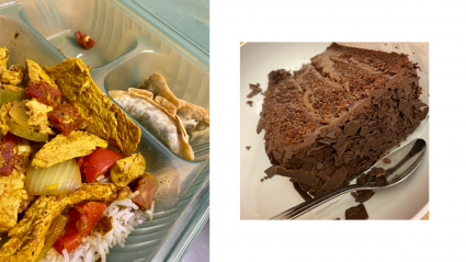 Left: dinner in a reuseable container; Right: chocolate cake
