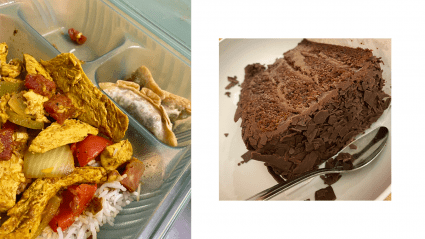 Left: dinner in a reuseable container; Right: chocolate cake