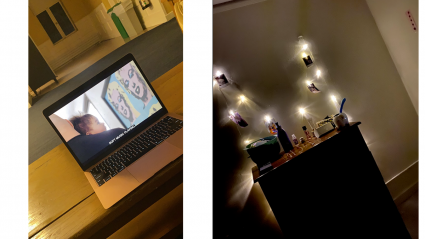Left: a laptop with a movie playing; Right: a student desk with fairy lights on the wall above it