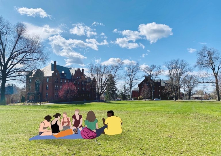 A photo of Mount Holyoke’s Skinner Green with drawings of people added. Illustration by Skylar Hou ’22.