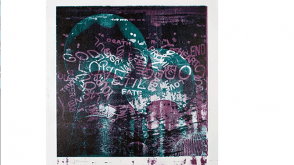 This is an abstract painting in teal, purple and black. White writing reads, "Fate," "God," "Love," "Death," "Truth," and more.