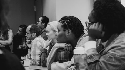 Students, faculty and staff listen to a presentation at LEAP 2018.